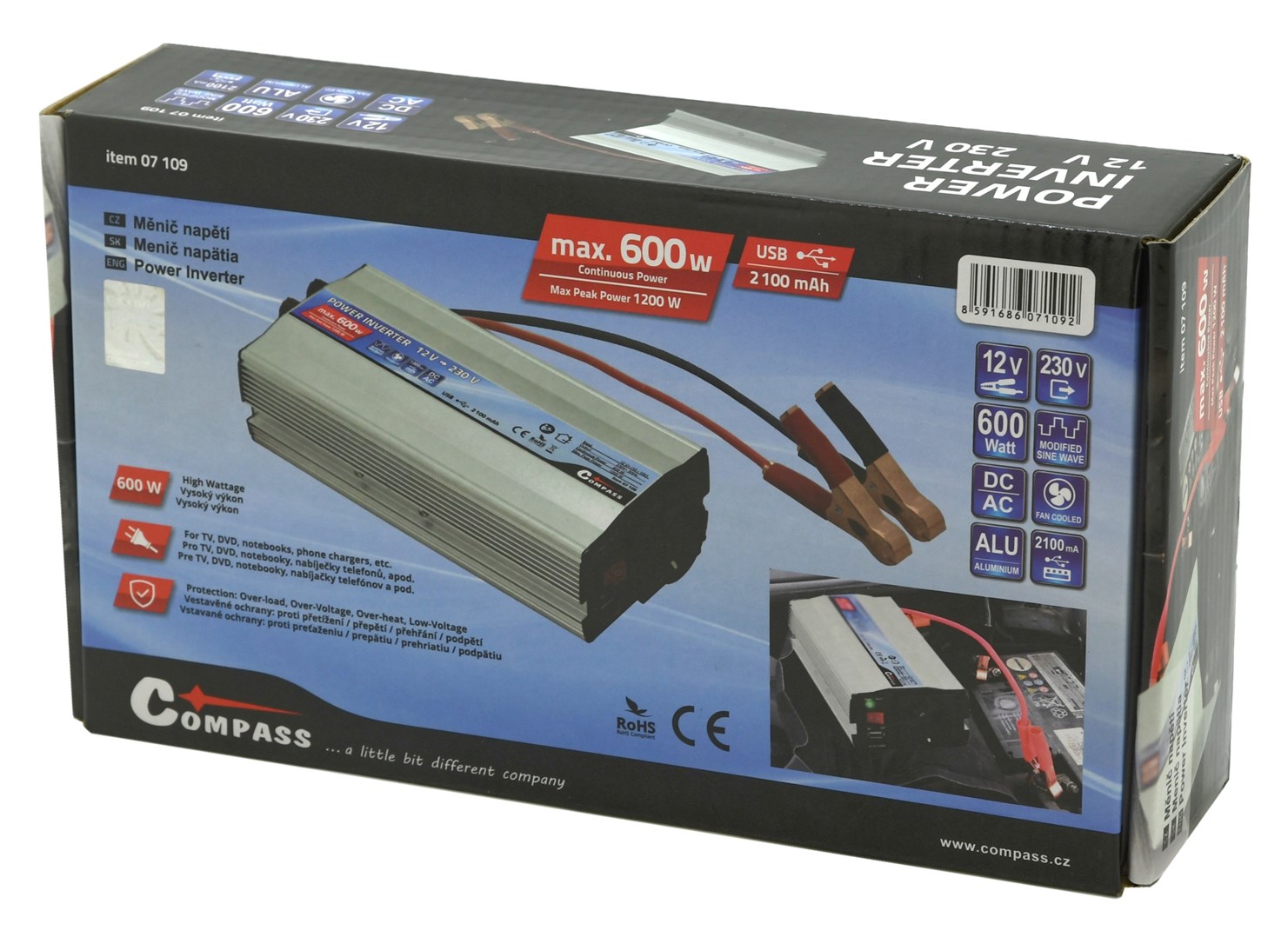 Výkonný  měnič napětí z 12V na 230V 600W max 1200 W + USB zásuvka