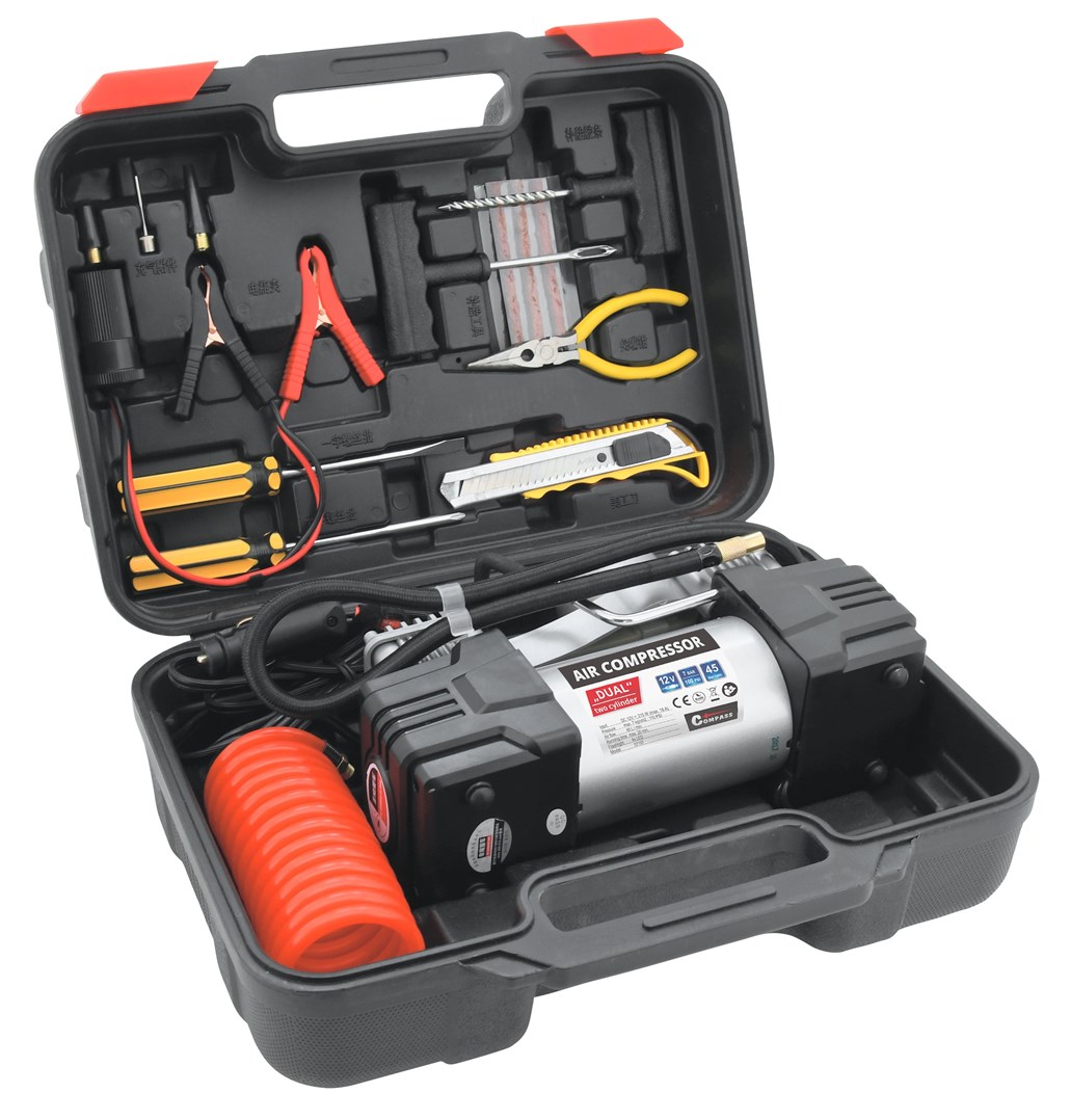 Vzduchový kompresor 12V se dvěma písty se světlem + pneu sada