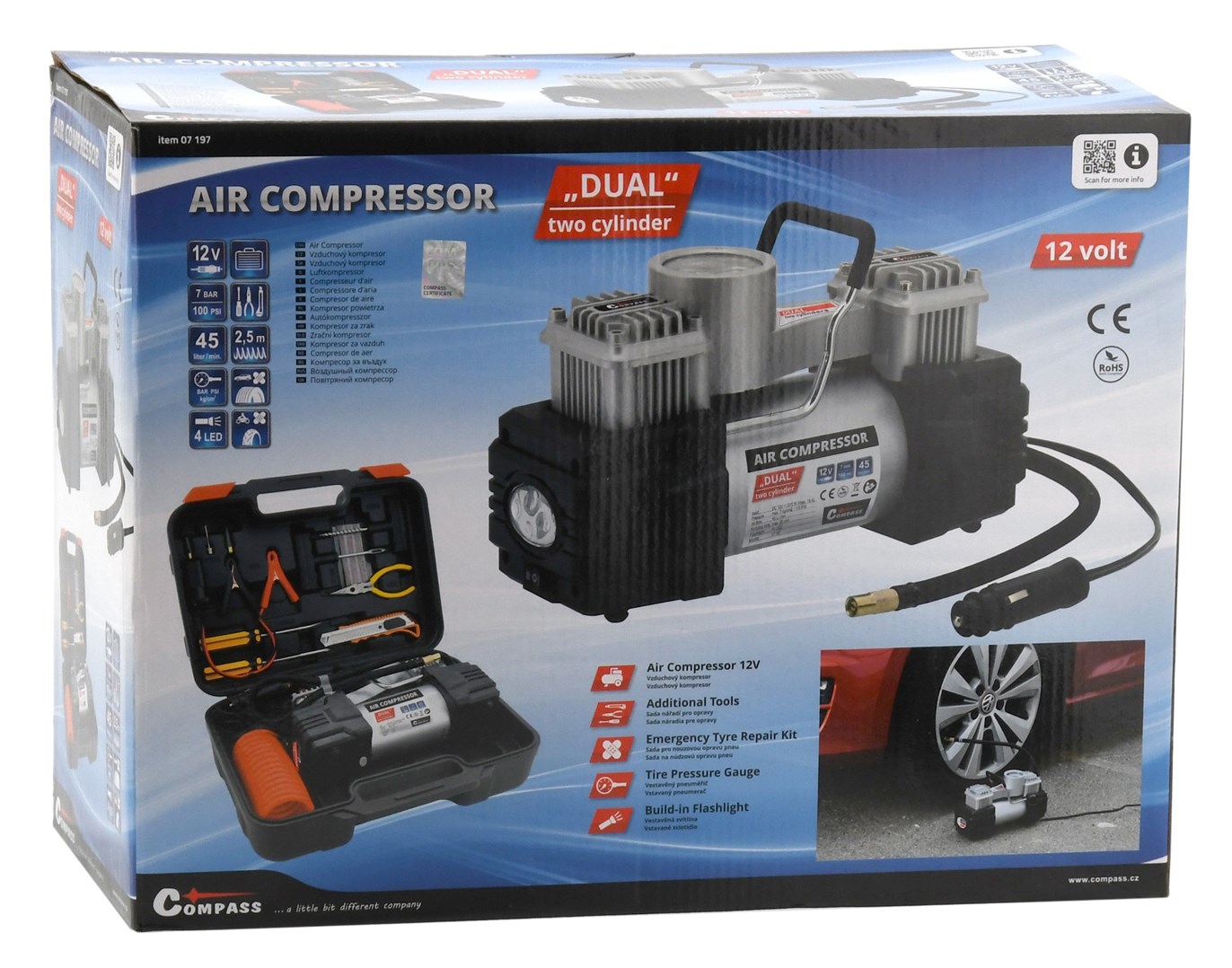 Vzduchový kompresor 12V se dvěma písty se světlem + pneu sada