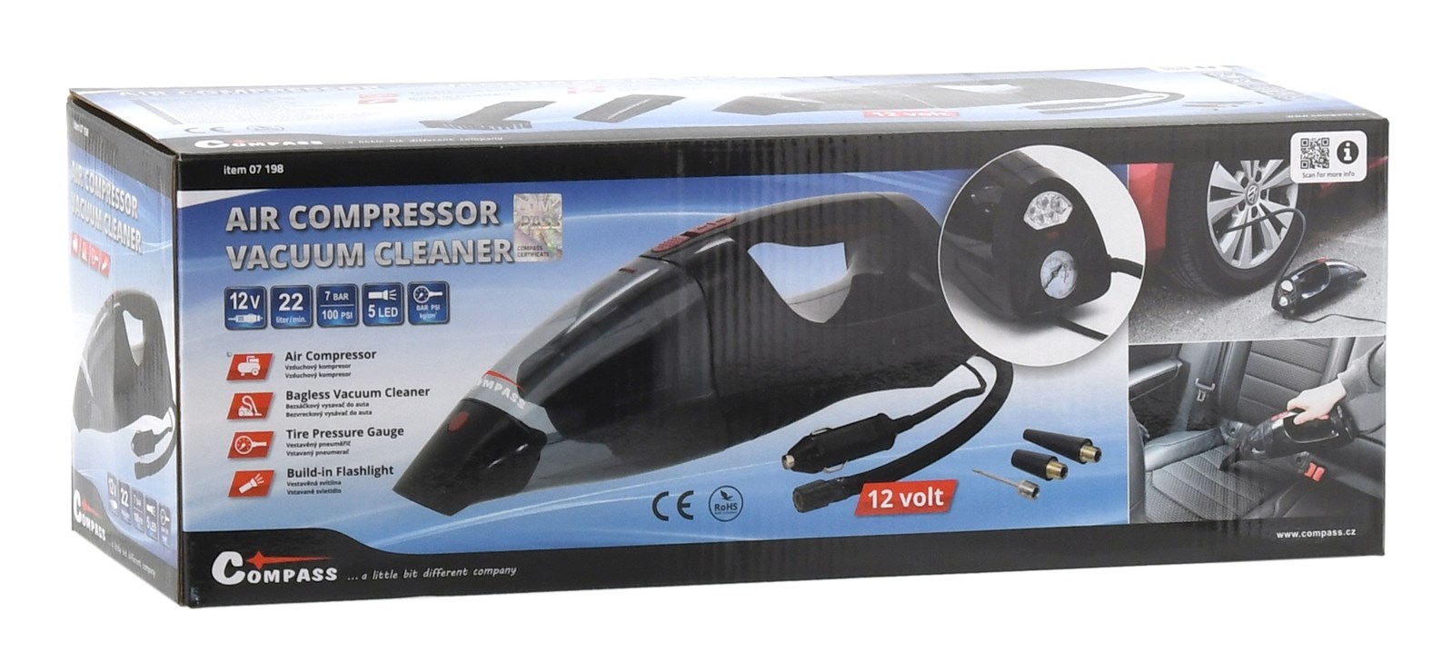 Vzduchový kompresor 12V v kombinaci s ručním vysavačem