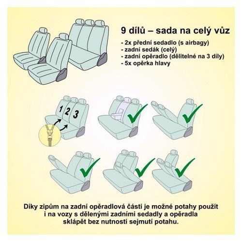 Autopotahy černé na sedadla celého auta airbag bílé tečky