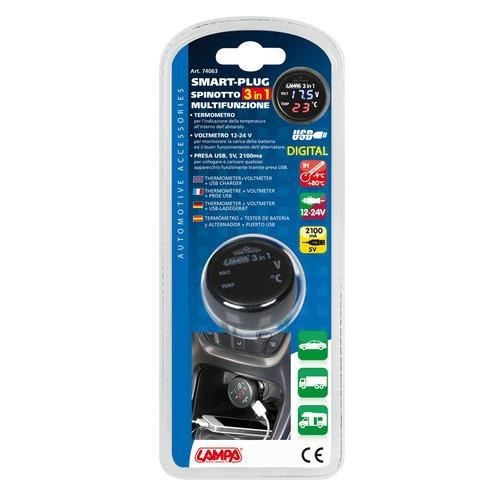 Voltmetr digitální s teploměrem a USB 2,1Ah, 74063