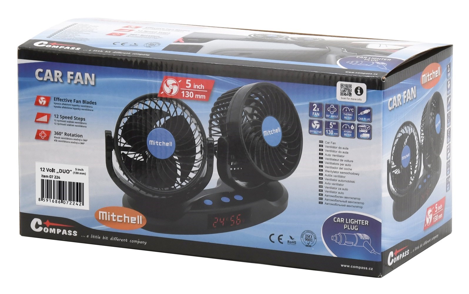 Ventilátor dvojitý 2x130mm 12V s teploměrem do auta